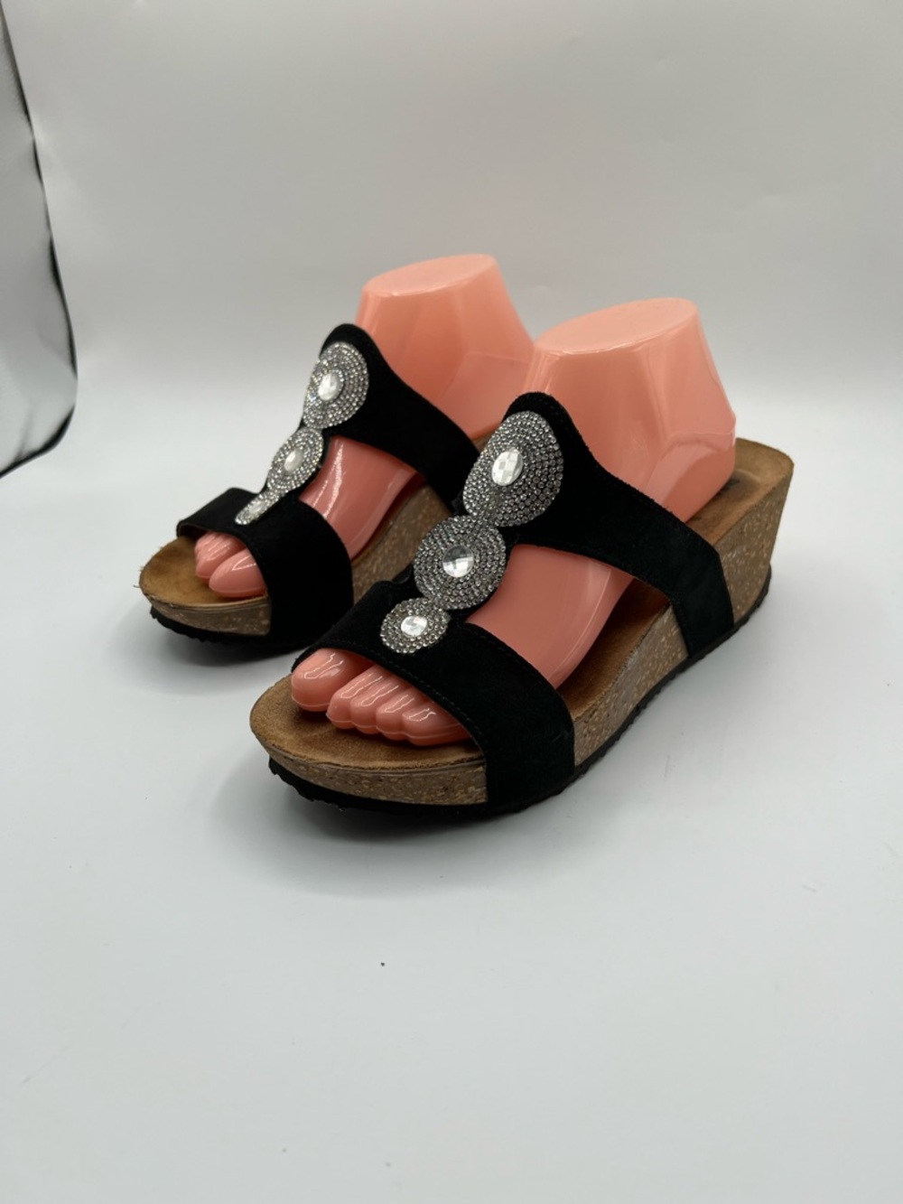 🖤 Spring Step Black Wedge Sandals – Suede Embellished Upper – Size 41